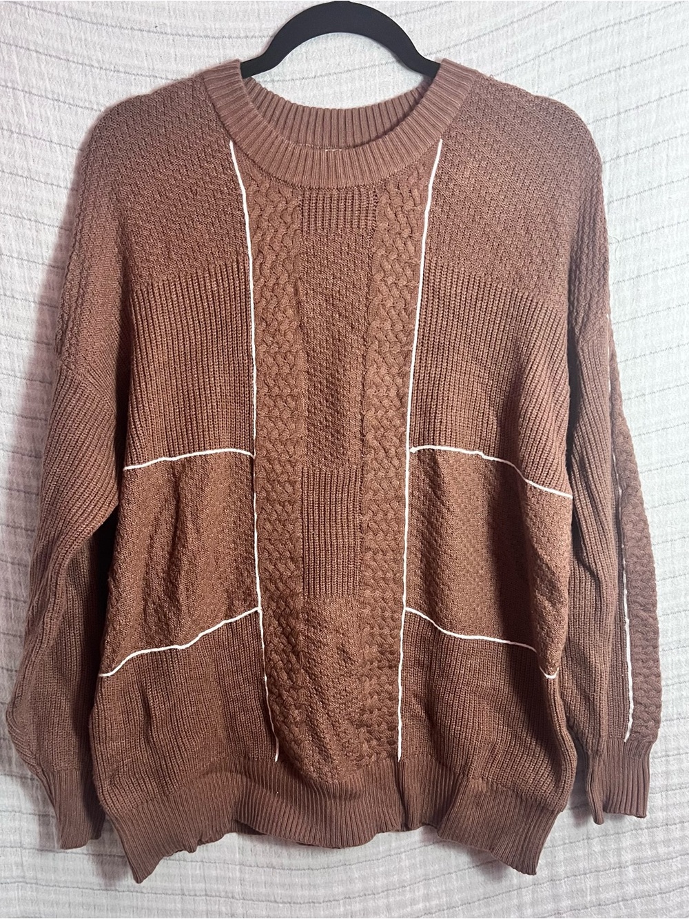 BKE Men's Brown Cable Crewneck Sweater with Contrast Piping